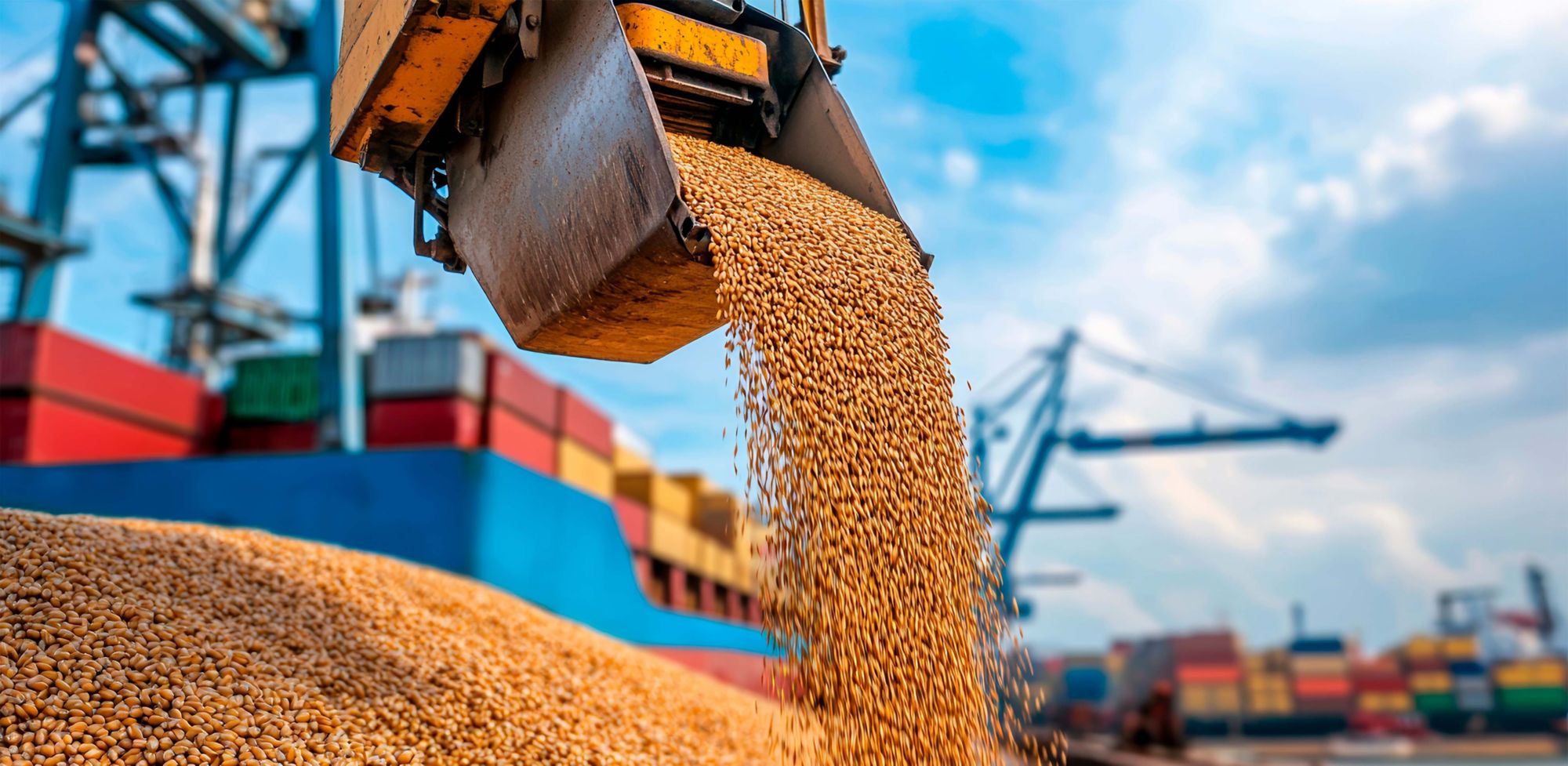 Soybeans are poured into a pile at a cargo port. 
