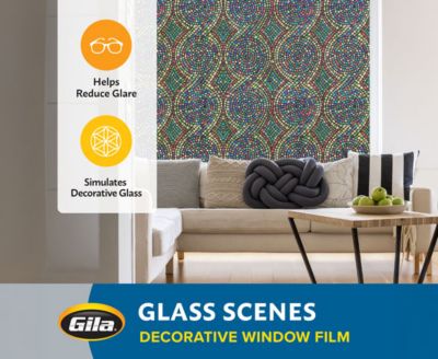 Feature graphic showing how Gila decorative film reduces glare and simulates textured glass.