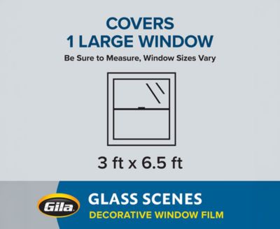 Sizing graphic for Gila Spiral Mosaic Window Film, showing coverage for a 3 ft by 6.5 ft window.
