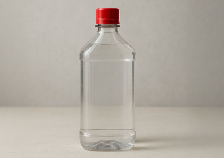 A plastic vodka flask with a red bottle cap. 