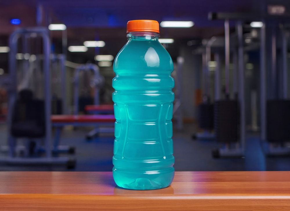 A clear sports drink bottle filled with blue liquid. 