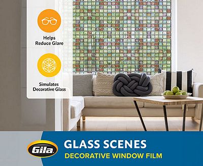Feature graphic showing how Gila decorative film reduces glare and simulates textured glass.