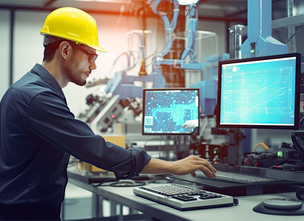 An employee wearing a hard hat reviews heat transfer system information on the computer.  