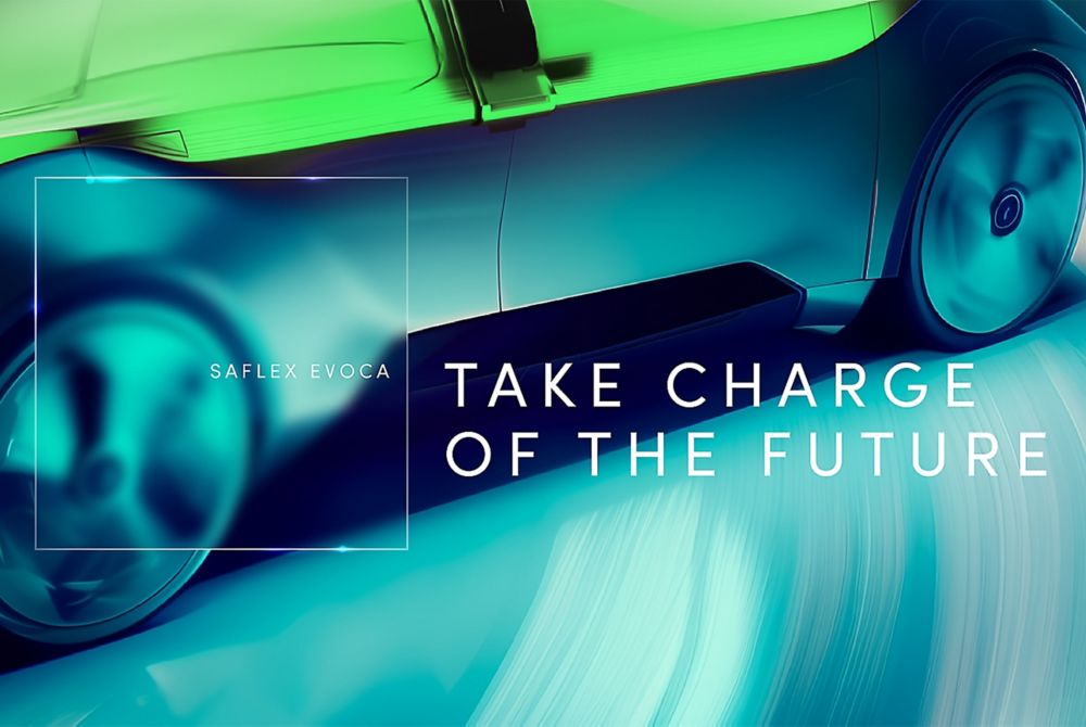 Electric vehicle with the text “Saflex Evoca: Take charge of the future.”  