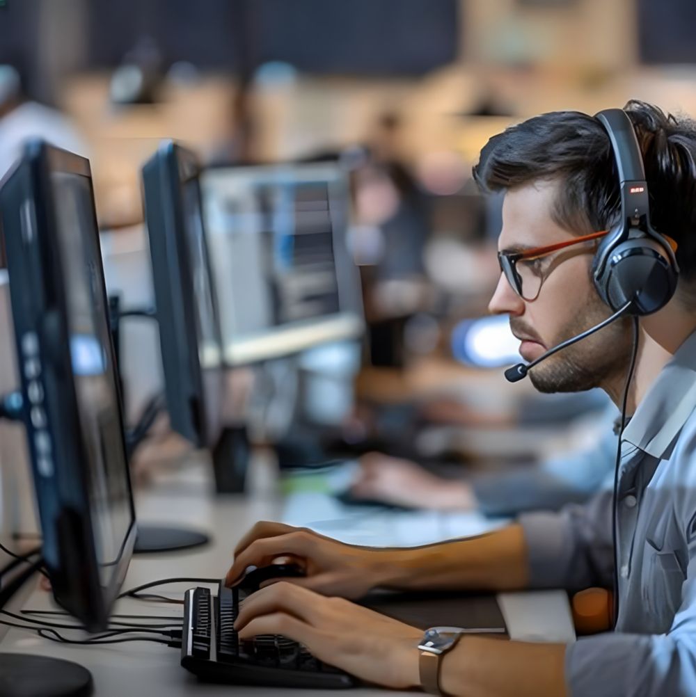Technical service specialist addressing Therminol heat transfer service inquiries while wearing a wired headset.  