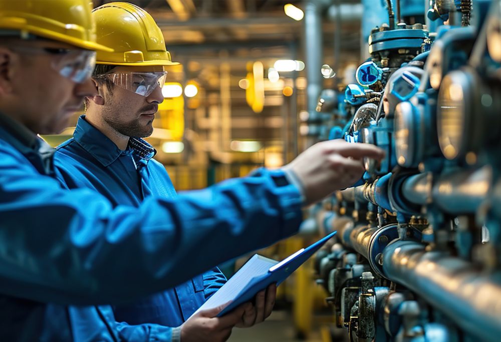 Two engineers in goggles and yellow helmets check the pressure in the heat transfer fluid valves. 