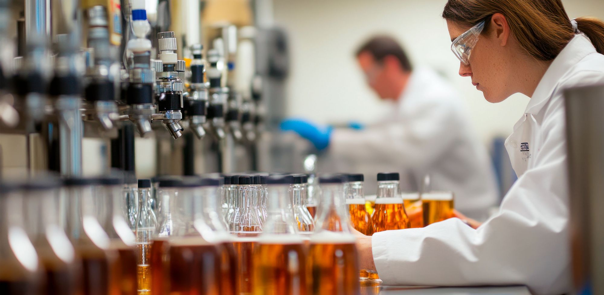 Technicians wearing lab coats examine liquid samples in a laboratory. 