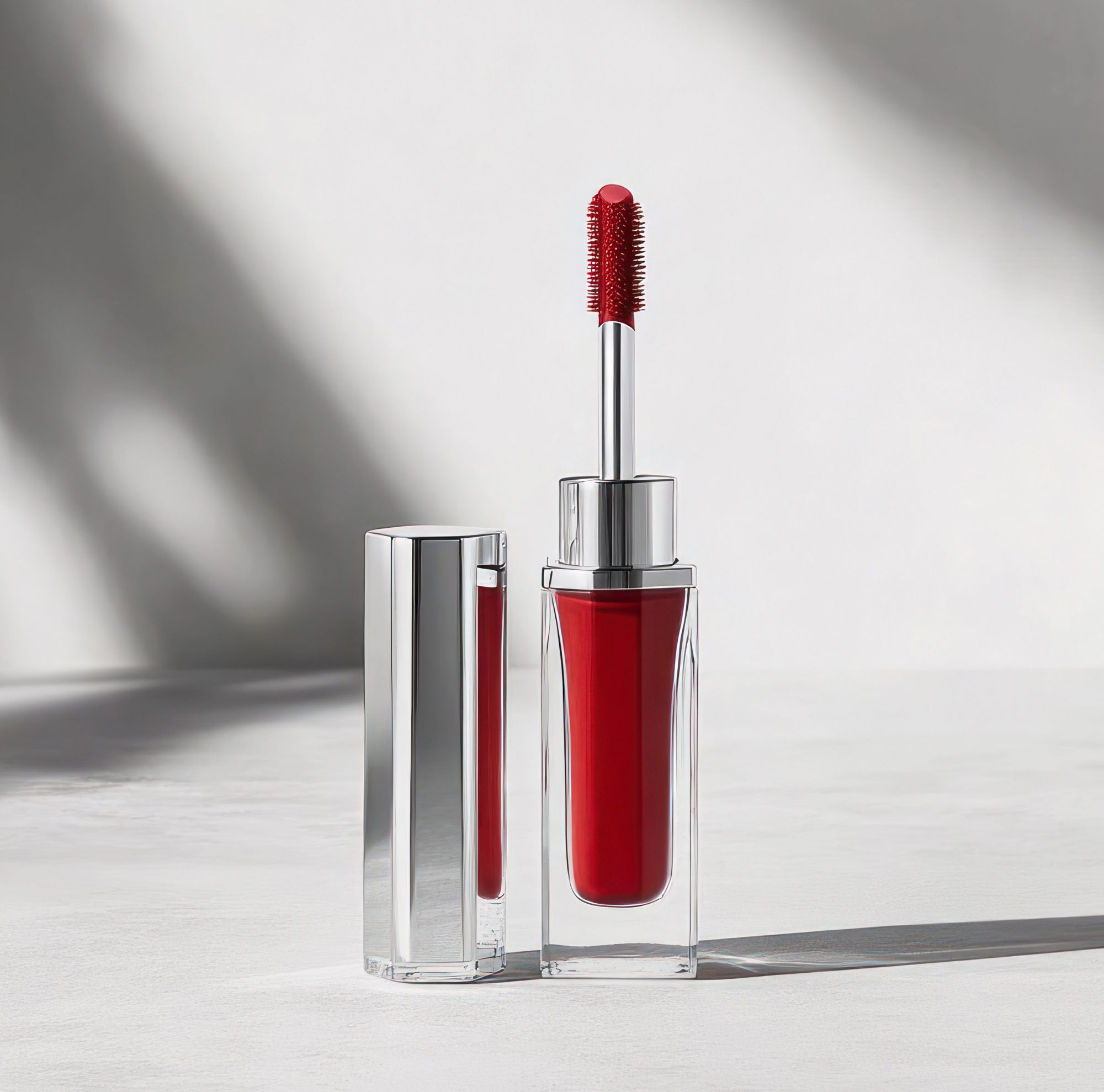 Red lip gloss in packaging made from Eastman Cristal copolyester. 