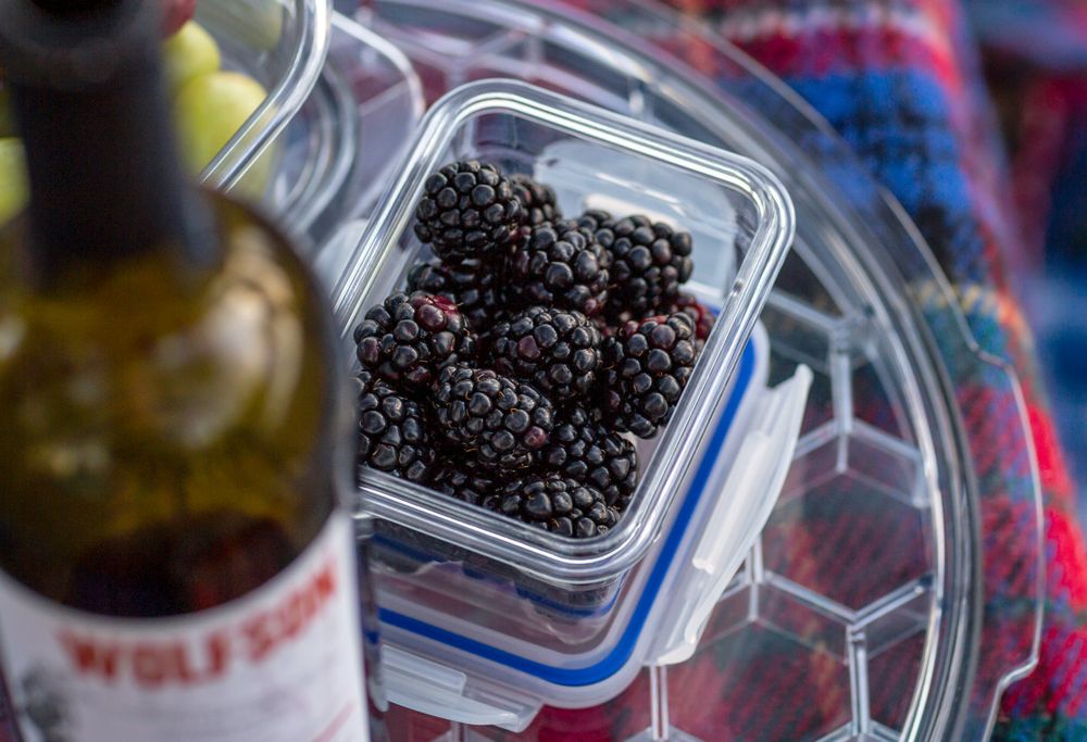 A clear container with blackberries. 