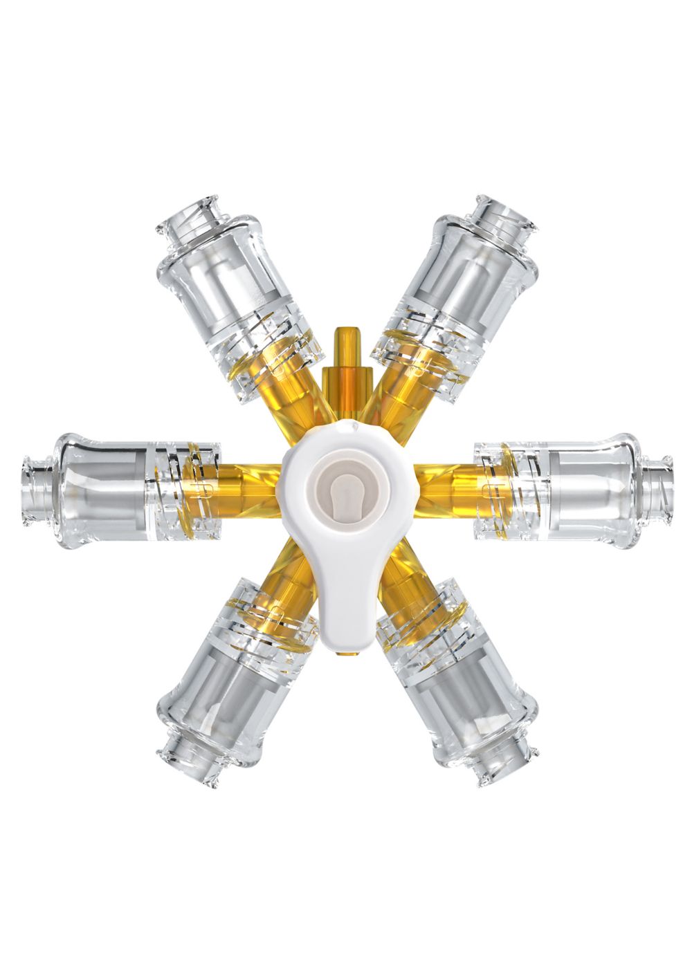 Top view of the medical turn valve shows all six ports and turn handle. 
