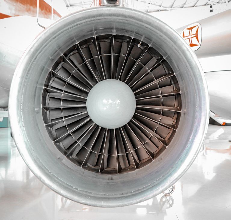 Close-up of an airplane engine turbine. 