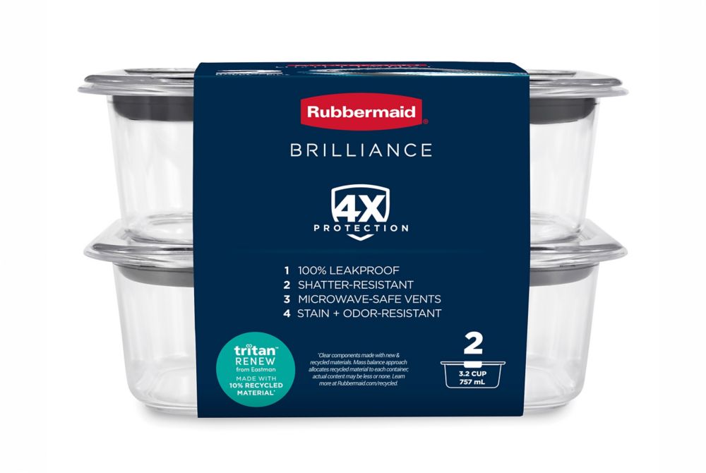 Two Rubbermaid Brilliance food storage containers packaged together with the Tritan Renew logo. 