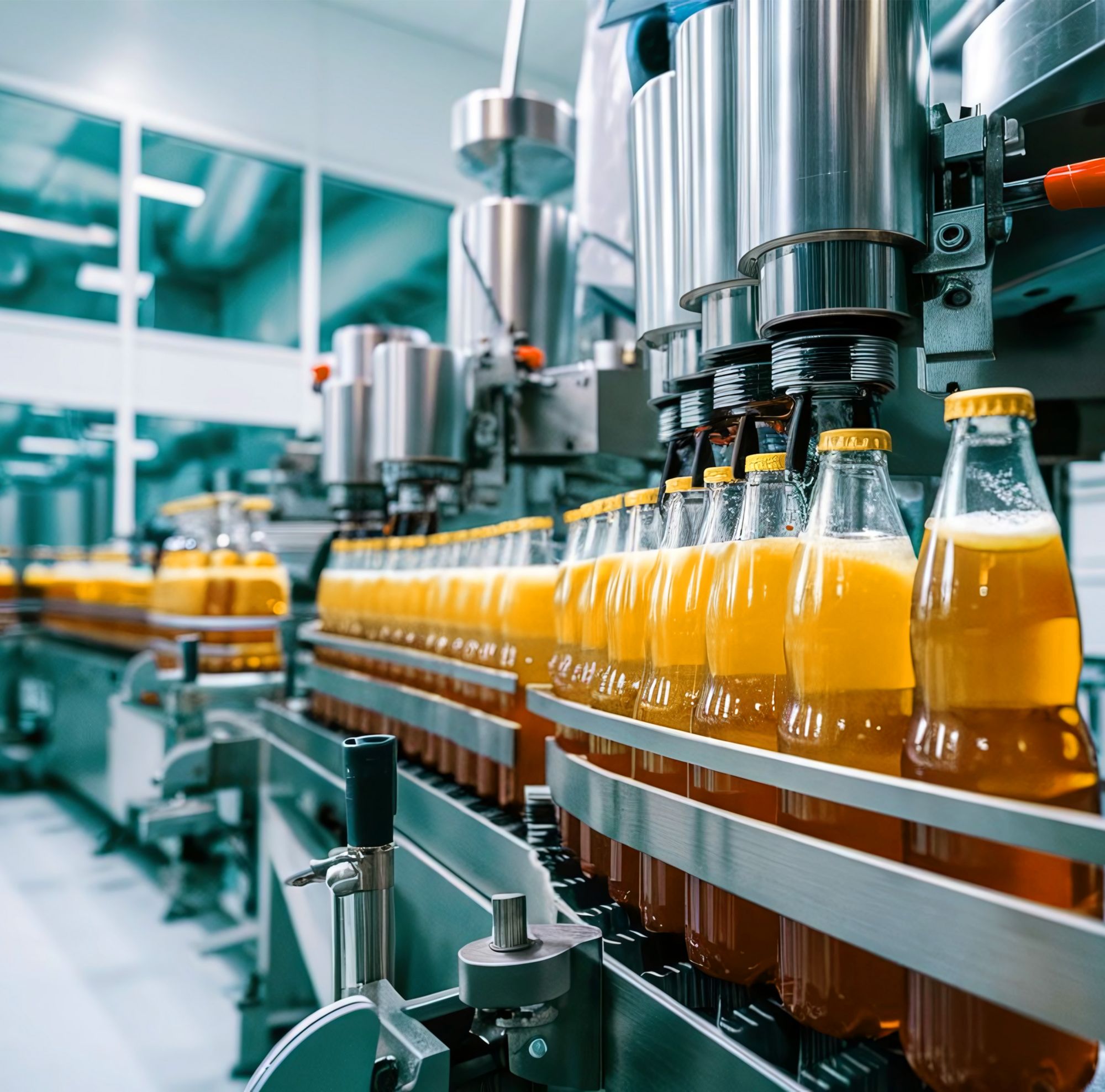 A production line capping glass bottles filled with vegetable oil. 