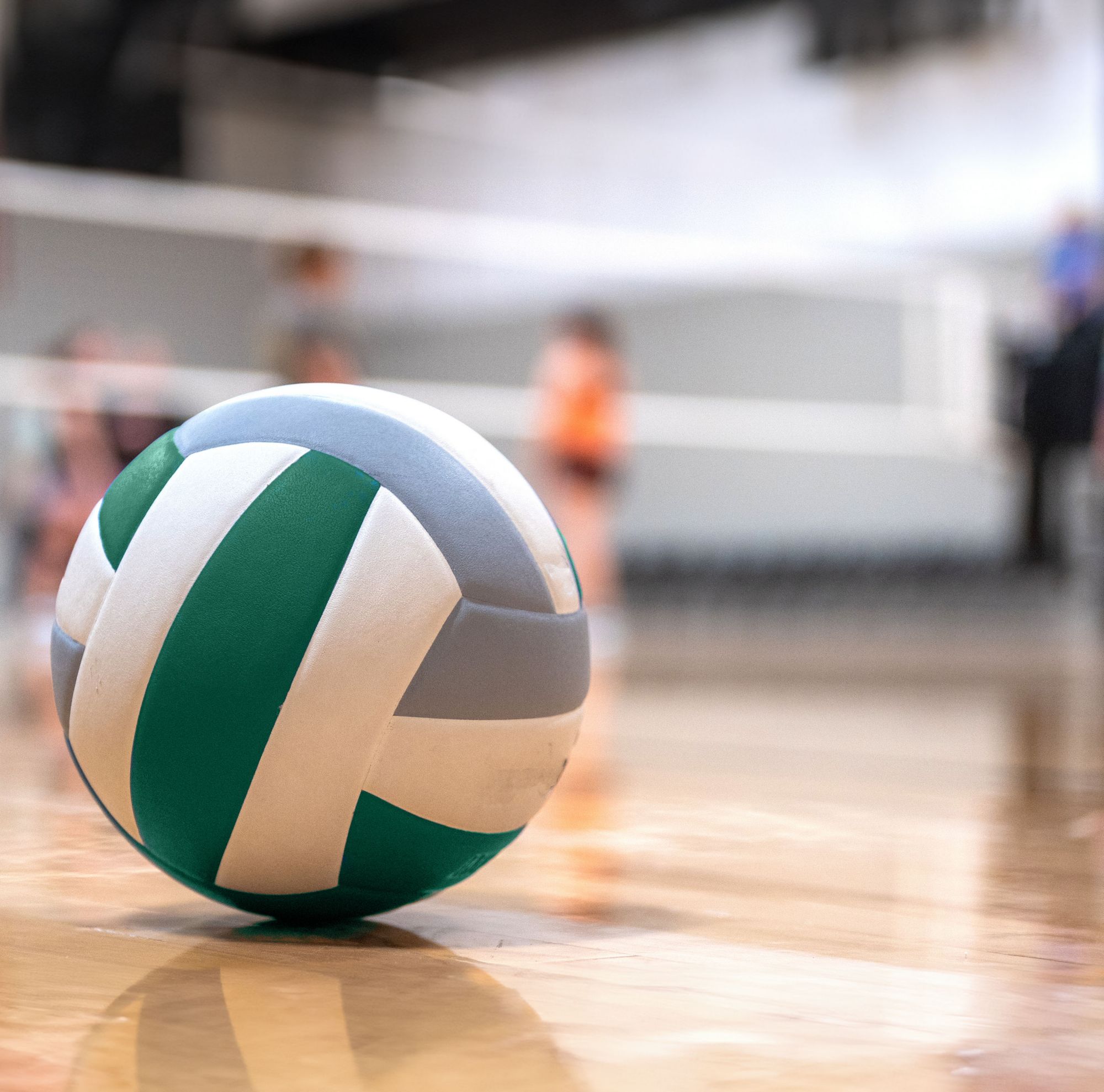A green and gray volleyball on a gym floor. 