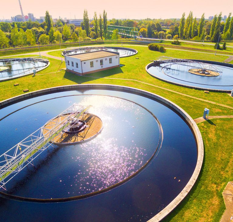Aerial view of a water treatment facility. 
