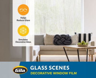 Feature graphic showing how Gila decorative film reduces glare and simulates textured glass.