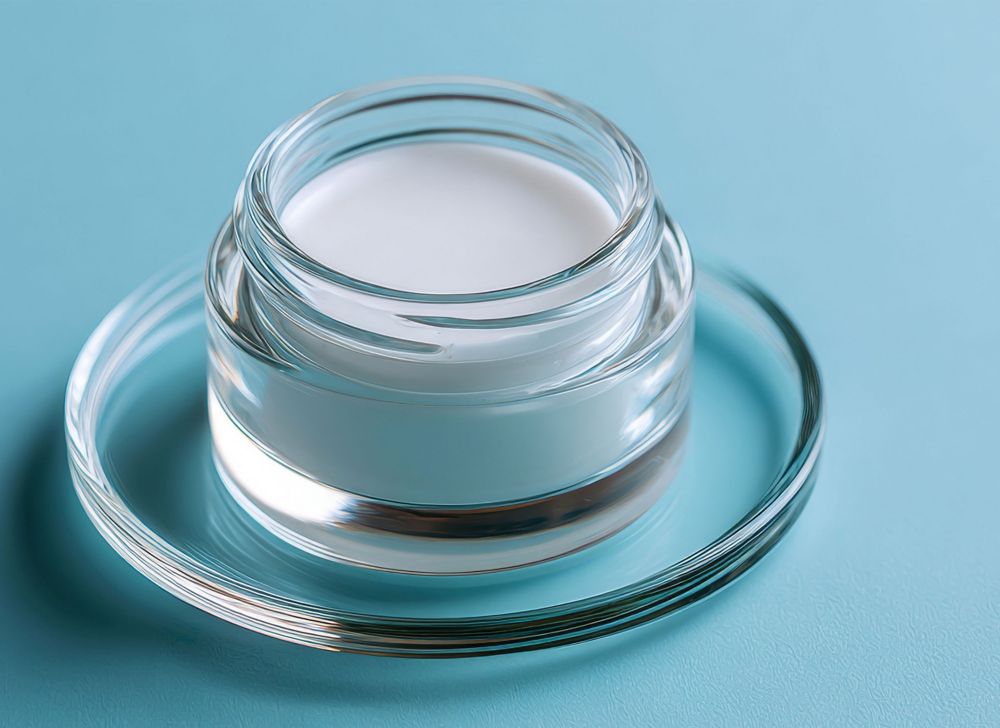 Clear, wide-mouth cosmetic jar filled with white cream. 