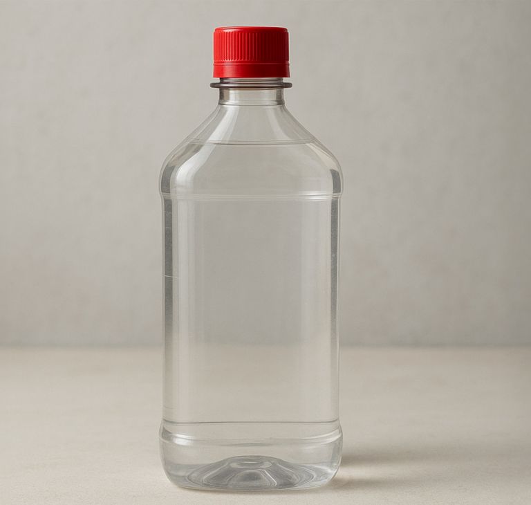 A large plastic bottle is filled with dark liquid. 