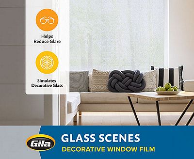 Feature graphic showing how Gila decorative film reduces glare and simulates textured glass.