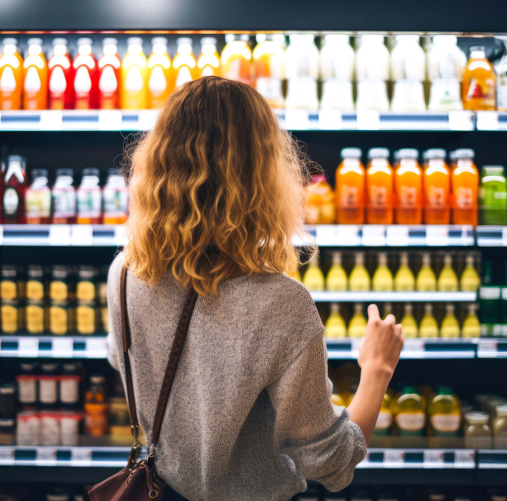 A person looks at a grocery store shelf of beverages. 