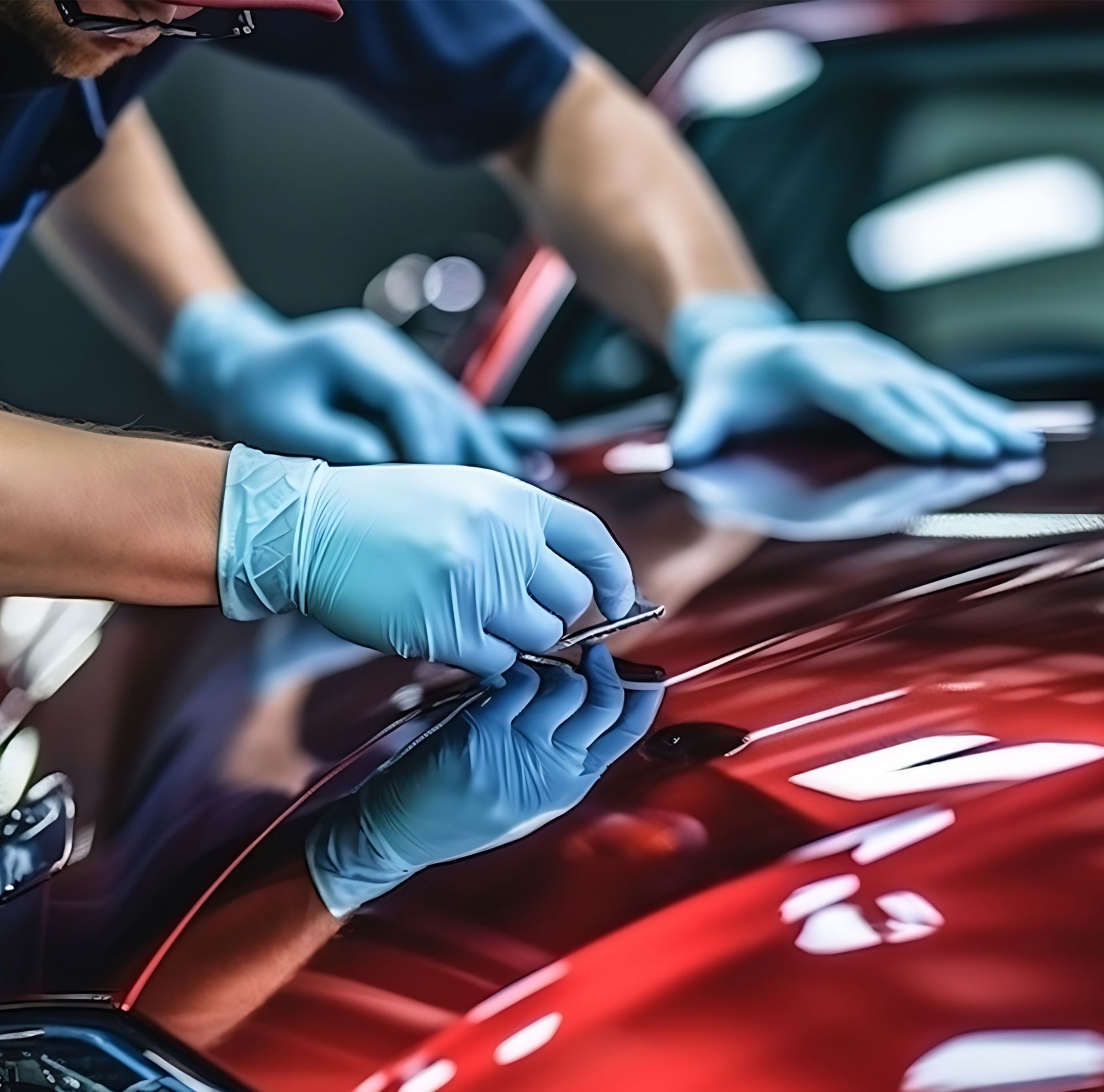 Workers apply protective film to the hood of red car 