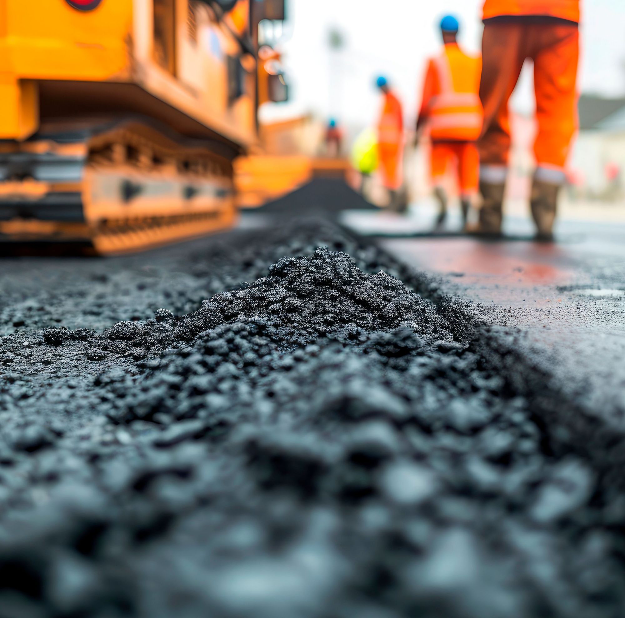 Workers apply asphalt to a road. 