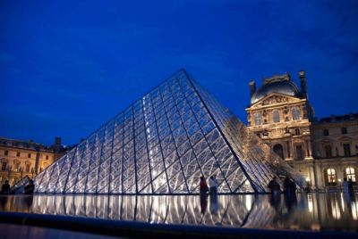 Louvre glass pyramid by night