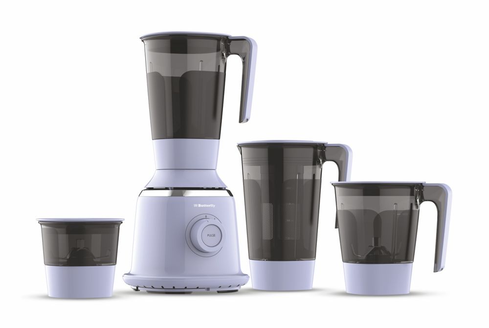 Lavender Butterfly Gandhimathi Xeno mixer grinder with four jar options made with Eastman Tritan copolyester.  